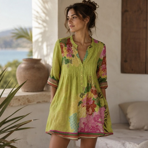 Sundance Tops - Sundance Floral Pintuck Tunic Women Medium Green Multi Cotton Boho 3/4 Sleeve